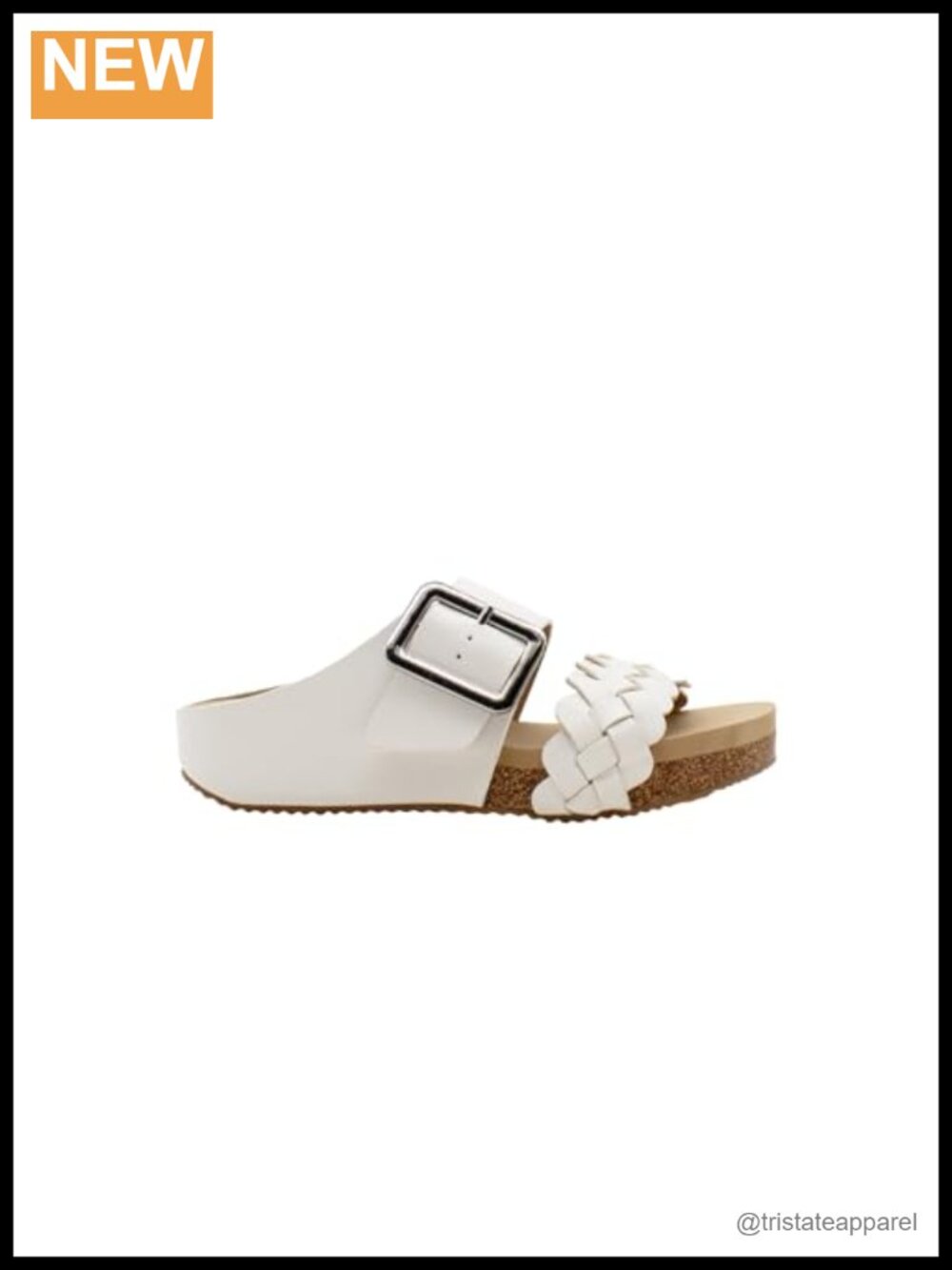 Faux leather slide sandals with braided vamp, low wedge, casual